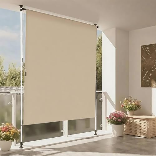 199 cm infällbar manuell markis – vattentätt UV-beständigt solskydd utomhus med justerbar höjd och vevhandtag, ingen borrning krävs (vit + beige)