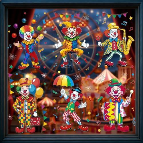 Shengruili 6 Blatt Fensterbilder Karneval, Selbstklebend Clown Fenster Aufkleber, Fensterausticker Statisch Haftende Fensteraufkleber Wiederverwendbar