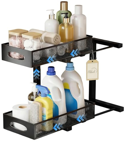 Ribech Ausziehbarer Schrankorganizer, 2-stöckiger Metallkorb mit Mesh-Schubladen für Küche (Untertisch), Bad, Vorratsschrank | Spülbecken-Organizer mit 2 Etagen, mit ausziehbarer Schublade, für Küche, Badezimmer, höhenverstellbar, Schwarz.