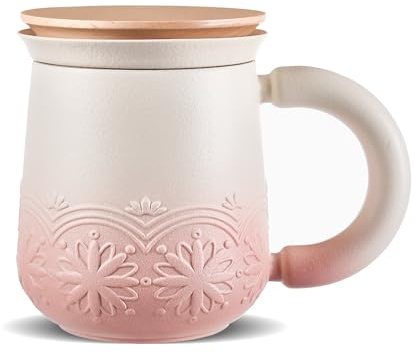 ZENS Taza de té con infusor y tapa, 330 ml - Taza de cerámica con relieve para té de hojas, tapa de madera, taza con filtro para amantes del té, rosa pálido