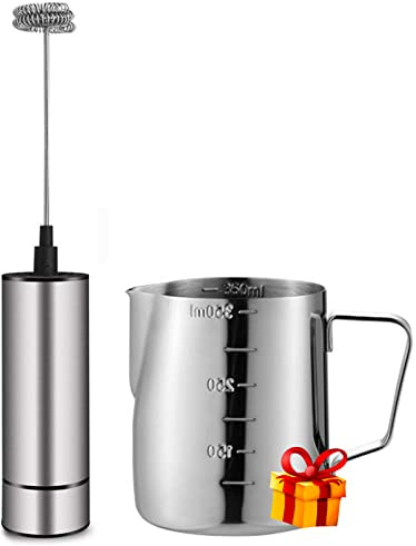Handheld Milk Frother - Battery-Operated Coffee Frother for Milk Foaming, Latte & Cappuccino, Mini Frappe Mixer for Hot Drinks, Chocolate, and More - Stainless Steel Silver