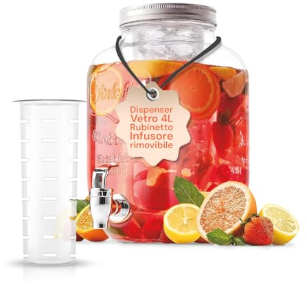 Avilia - Dispenser Bevande in Vetro 4L con Rubinetto e Infusore Integrato, Contenitore per Acqua e Succhi per Cucina e Ufficio, con Coperchio in Alluminio per Uso Quotidiano ed Eventi