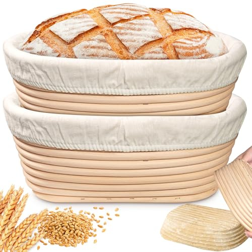 Gärkörbchen Set 2-teilig, 10 Zoll Oval Gärkorb Brot mit Leinen-Einsätzen - aus Hohe Qualität Rattan | Sauerteig Starter Gärkörbchen | 25cm Geschenk für Professionelles Backbrot