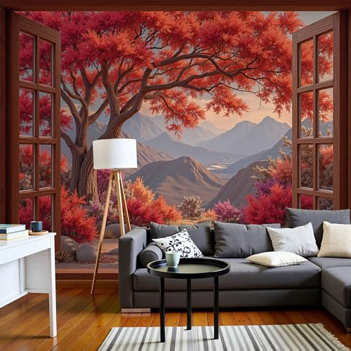 Fotomurales Bosque Otoñal, 450x315cm Papel Tapiz Fotográfico Vista Exterior Papel Pintado Decorativos Murales para Dormitorio Comedor Oficina Hotel Pasillo, Rojo