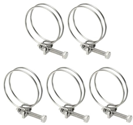 sourcing map 5 Pcs Double Wire Hose Clips 43-48 mm Stainless Steel Adjustable Wire Pipe Tube Clamps with M6 Screw Plumbing Joint Fastener for Dust Collection Pool Pond, Silver
