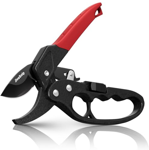 JiveSnip Cesoia Professionale a Cricchetto – Meccanismo a Ratchet, Manico Rinforzato Ergonomico, Lama in Acciaio Alto Carbonio SK5 per Piante, Siepi e Fiori