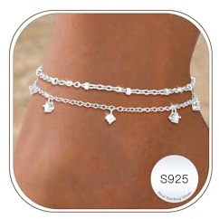 Fußkettchen für Damen Geschichtet Einstellbar Wasserdicht Strand Fußkette | 925 Silber Gold Verstellbare Boho Sommer Mehrreihige Herz CZ Perlen Seil Link Fussketten Set Fußschmuck Geschenk für Frauen