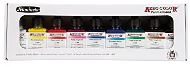 Schmincke - AERO COLOR Professional Grundfarben, 9 x 28 ml, 81 108 097, feinst-flüssige und höchst lichtechte Acrylfarben, Airbrush, Acrylmalerei, Mixed Media-Techniken, Acryltinte