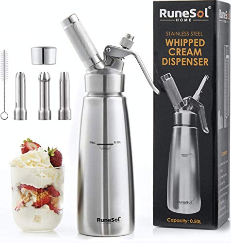 RuneSol Sifone da Cucina Acciaio Inox 500ml, Sifone Panna Montata con 3 Ugelli per Decorazione Torte di Compleanno Pasticceria, Sifoni Pasticceria, Sifone da Professionale per Regalo di Pasqua