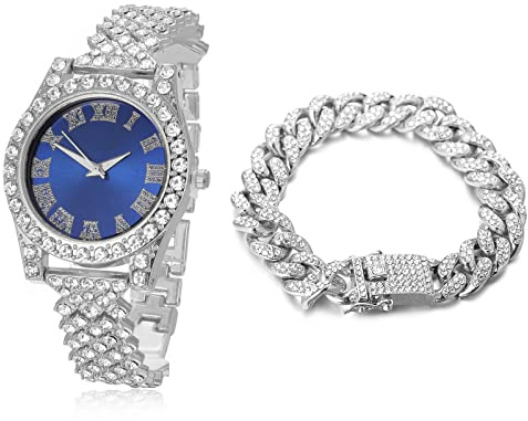 Halukakah diamanter guld klocka, barn 18K äkta guld/platina-pläterad vitt guld 36 mm bred grön/blå/röd urtavla kvarts armband 20 cm med kedja halsband armband, gratis presentförpackning