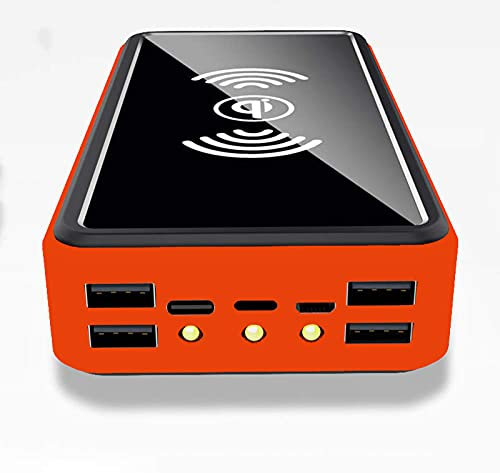 Batterie Externe Solaire 100000mAh, Chargeur Solaire Sans Fil 10W avec 4 Sortie USB et Une 3 Entrée, USB-C Power Bank Solaire Chargeur Portable pour iPhone, Samsung, iPad et Smartphone,Orange