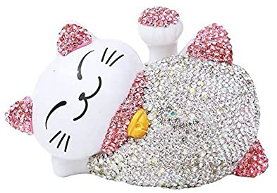 FIYSON Glückskatze Solarbetriebene Winkende Katze Niedliche Maneki Neko Glückskatze Figuren Winkender Arm faul liegende Katze Glück verheißend Fengshui Dekor für Zuhause,Auto-Dekoration,10x6cm (Rosa)