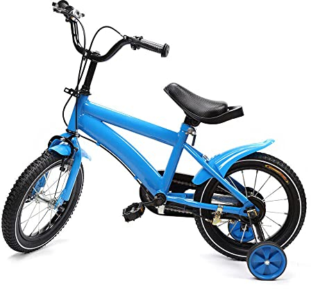 WSIKGHU 14 Zoll Kinderfahrrad für Mädchen und Jungen Kinderrad mit Stützräder ab 3-7 Jahre Lenkrad und Sattel Höhenverstellbar Kinder Fahrrad mit Schutzblech (Blau)