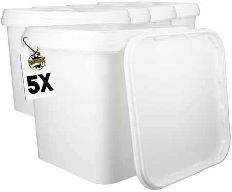 5 seaux avec couvercle 5 l blancs rectangulaires | Seau en plastique adapté à un usage alimentaire, hermétique et stable | Seau vide avec poignée et couvercle pour aliments, produits chimiques, colles
