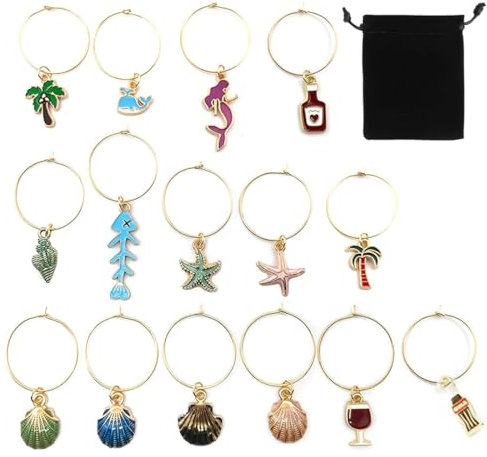 JEXOWIQ 15pcs Weinglas Anhänger,Ozean Thema Glasmarkierer Weinglas Charms Anhänger mit Aufbewahrungstasche,Glas Identifikations Getränke Markierungen für Cocktail,Party Glas Marker,Gastgeschenke