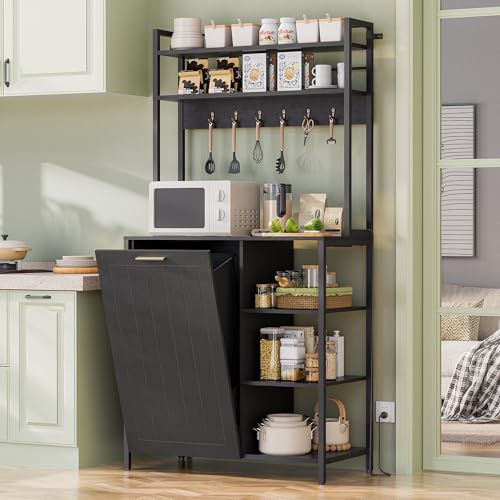 Dephet Kitchen Bakers Rack with Storage Shelf - 6-Tier Microwave Stand Oven Cabinet W/Tilting Trash Can Bin and Power Outlet, Farmhouse Thickened Coffee Bar Table Station W/6 Hooks&Adjustable feet