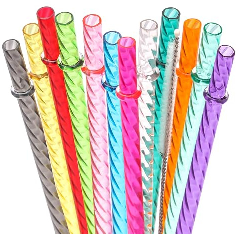 Dakoufish 8 Inch Reusable Clear Plastic Swirl Drinking Straws for 12 oz & 16 oz Mason Jar Tumblers,Set of 12 Pcs Replacement Straws with Cleaning Brush (8inch, 12color)