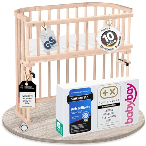 babybay Original Beistellbett aus massivem Buchenholz/kompakt & verwandelbar/Kinderbett Höhe stufenlos verstellbar/mitwachsendes Babybett (Natur unbehandelt) / inkl. Matratze, Gitter, Rollen