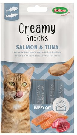 Bubimex - Creamy Snacks Thon et Saumon - Friandises Crèmes à Lécher pour Chats - Texture Lisse, Onctueuse et Appétissante - Stimule l'Appétit et Favorise l'Hydratation - 4 x 15 g