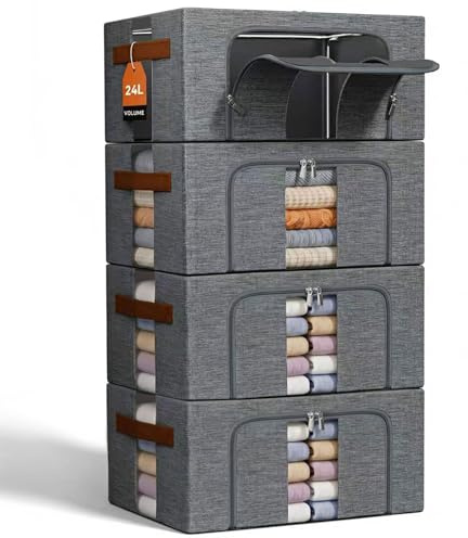 NiuBeBe Kleidung Aufbewahrungstasche Faltbar Metallrahmen: Stapelbare 4x24L | Aufbewahrungsbox mit Deckel für Kleiderschrank Organizer Storage Pullover T-Shirts Seasonal Storage (Grau)