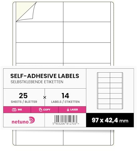 Netuno 25 Blatt Etiketten selbstklebend 9,7 x 4,24 cm (14 Stück pro Blatt) Aufkleber universell bedruckbar Inkjet Laserdrucker Sticker Versand Büro Haushalt Druckeraufkleber Klebeetiketten