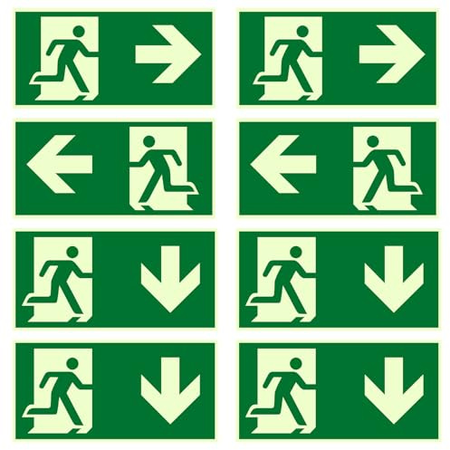 8 Stück Feuerausgangs-Schilder, selbstklebend (links, rechts, Pfeil nach unten), 300 x 200 mm, leuchtet im Dunkeln, Vinyl-Aufkleber, Notfallschilder, für Türhinweise, 8 Stück