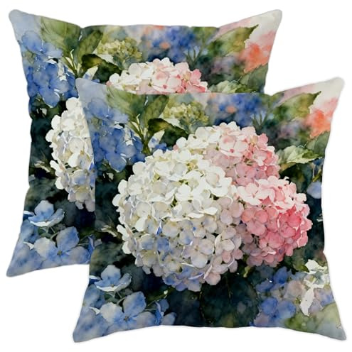 Set di 2 federe per cuscini, motivo ortensie, motivo botanico acquerello blu, foglie verdi, primavera blu, con cerniera nascosta, per soggiorno, letto, ufficio, divano, sedia, decorazione 55 x 55 cm