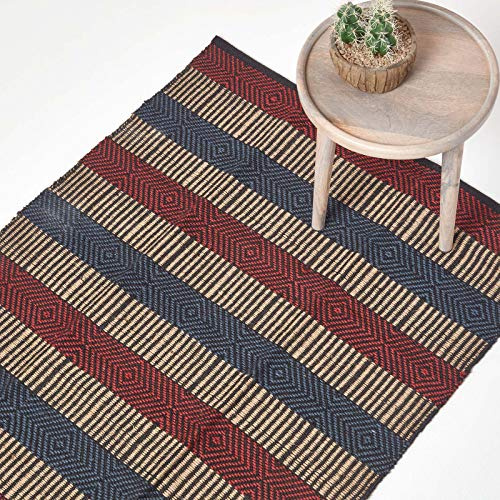 Homescapes Naturfaser-Teppich/Bettvorleger, 90 x 150 cm, 100% Jute-Teppich mit Streifen und geometrischem Rautenmuster, rot-blau-schwarz