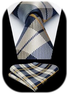 HISDERN Set med slips och ficknäsduk, formell, klassisk, elegant rutig slips för män, UK, slips och näsduk för bröllop, fest och affärer, en storlek