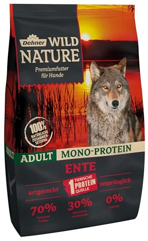 Dehner Wild Nature Hundefutter Mono Protein, Trockenfutter getreidefrei / zuckerfrei, für ausgewachsene Hunde, Ente / Fisch, 4 kg