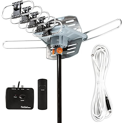 Five Star Antenna esterna motorizzata a 360 gradi con amplificazione HDTV per 2 TV, portata 241 km - Canali UHF/VHF/1080P, telecomando wireless - Cavo coassiale RG6 da 12 m