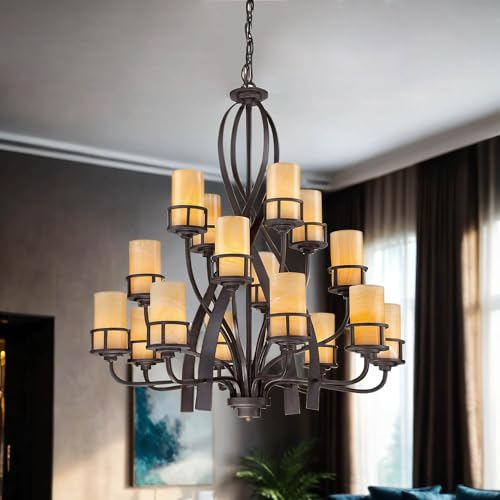 Imposanter Kronleuchter LAPIDE Gelb Schwarz 16-flmg verstellbar Esstisch Wohnzimmer Rustikal Design Lampe
