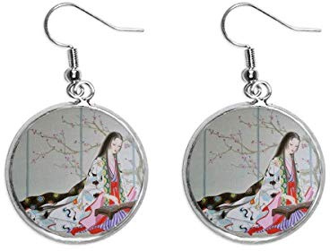 fleur de prunier beauté la peinture chinoise Boucle d'oreille en argent.