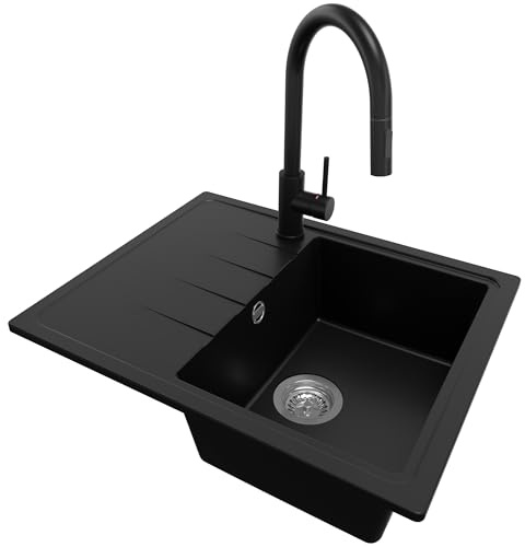 PRIMAGRAN Granitspüle ab 40er Unterschrank + Küchenarmatur, 62x50cm | Set: Küchenarmatur BW9010 + Ablauf-Set (Siphon, Ablaufgarnitur, Überlauf) + Spülbecken 1 Becken - Mailand, Schwarz