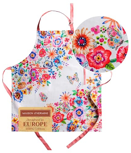 Maison d'Hermine Schürze, 100% Baumwolle (70 cm x 85 cm) | Verstellbarer Nackenriemen, Clothapron mit Mitteltasche und langen Bändern für Damen, Herren