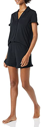 Amazon Essentials Pigiama Corto con Collo A Risvolto Dentellato in Cotone Modal, Comodo Abbigliamento da Casa (Disponibile per Taglie Forti) Donna, Nero, XL