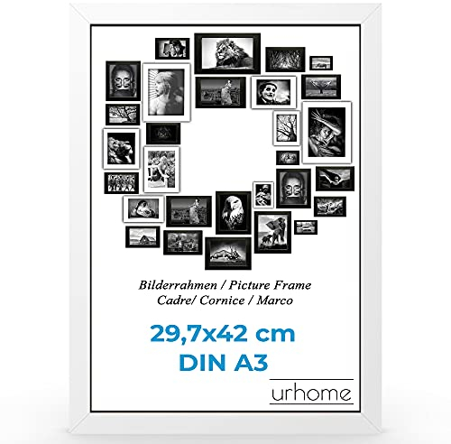 Urhome Bilderrahmen DIN A3 29,7 x 42 cm aus Abachi Holz Weiß für Aufhängung und Kunststoffscheibe - Ayous Fotorahmen für Bilder Kunstdrucke Fotos Gemälde Rahmen zum Aufhängen