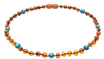 AmberSky Genuine Amber Necklace From Baltic Sea Made With Polished Cognac & Turquoise 35 cm (13.8 inches), Brown