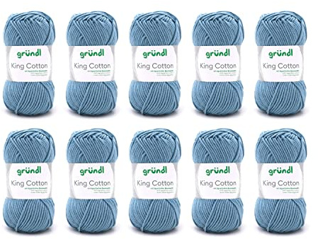 Gründl Wolle King Cotton Baumwolle 10 Knäuel 50 g, jeans | dicke Wolle zum Stricken - Strickgarn - Häkelgarn - 55 % Polyacryl, 45 % Baumwolle - 50 g / 78 m - Nadelstärke 6-7
