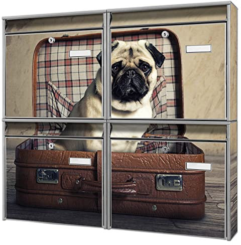 banjado Briefkastenanlage 4 Fach - Postkästen groß - verzinkter Stahl Silber DIN A4 Motiv Mops im Koffer - Briefkasten Set 4 Briefkästen Namensschild, 2 Schlüssel, Montagematerial
