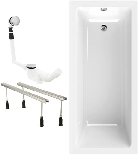 Calmwaters® Rechteck Badewannen-Set 170x75 cm mit Wannenfüßen & Ablaufgarnitur, Made in EU, Acrylwanne Modern Square, Körperformwanne, Set Badewanne komplett, 170 x 75 cm, Weiß
