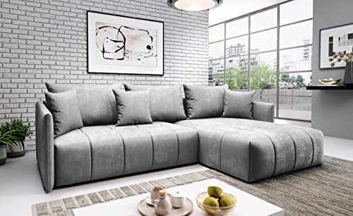 ML Furniture Ltd Don Velvet Monolith Ecksofa in L-Form 245 cm x 180 cm - Schlafsofa mit Bettkasten -Ausziehbares Schlafsofa - Couch mit Stauraum und Kissen - Sofa mit Schlaffunktion Farbe: Hellgrau