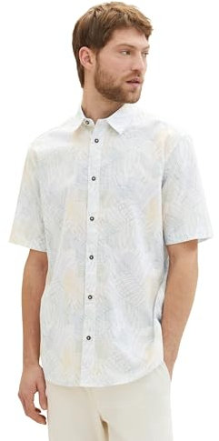 TOM TAILOR Herren Comfort Fit Chambray Hemd mit Muster, 35093 - White Multicolor Leaf Design, M