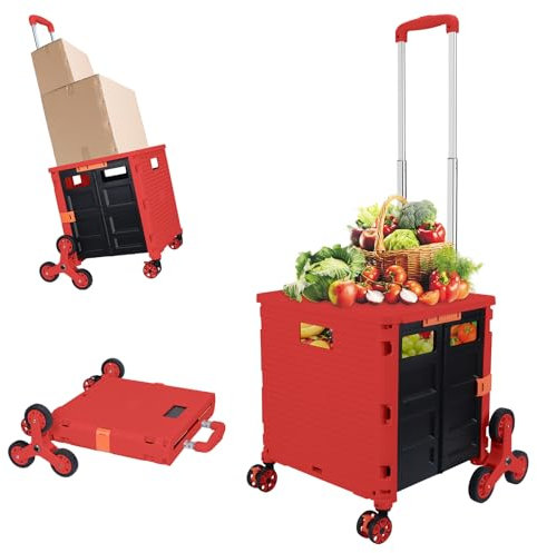 Folding Utility Cart Portable Rolling Crate Handcart with Stair Climbing Wheels&360°Swivel Wheels Telescoping Handle Heavy Duty Plastic Box Dolly for Travel Shop Move Office Teacher Use(Red Climber)