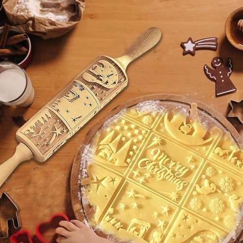 Skeadex Weihnachts-Nudelholz 3D Holz Teigroller mit 9 verschiedenen Szenen für Backen von Gebäck, Kuchen, Keksen, Fondant - Buche, 35 × 4,2 cm / 13,8 × 1,7 in, braun