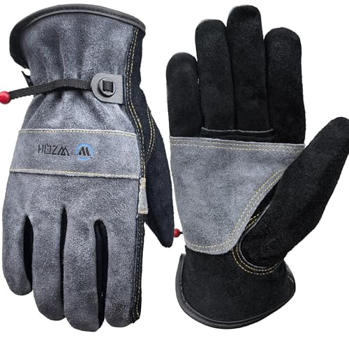 WZQH Guantes de Trabajo de Cuero Para Hombres y Mujeres. Para Jardinería, Soldadura, Construcción, Motosierras, Granjas, Pastos, etc. Piel de Vaca, Revestimiento de Algodón. Gris - Negro M
