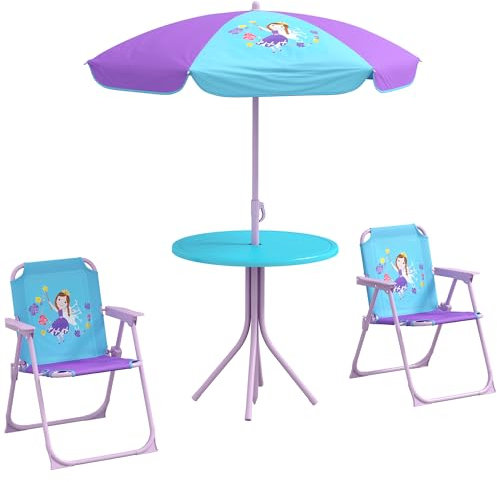 Outsunny Kids Bistro Set Children Table and Chair Set Garden Furniture Fairy Themed 4 Pieces w/Adjustable Parasol, Foldable Chairs for 2-5 Years – Blue