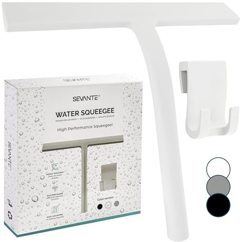 SEVANTE Duschabzieher 23 cm - Silikon Fensterabzieher - Bad Accessoires - Abzieher Dusche mit Halterung - Flitsche für Dusche, Glas und Spiegel - Duschkabinenabzieher - Weiß