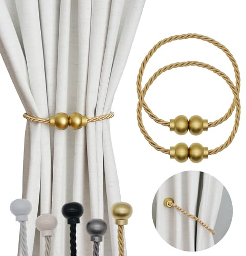 HIASTRA 2 Pack Magnetic Curtain Tiebacks Modern Handmade Rope Curtain Tie Backs Decorative Drapes Weave Holdbacks for Home Outdoor Bedroom Office Decorative Curtain, Gold