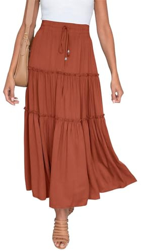 EMOTTOS Jupe Boheme Longue Femme, Jupe Maxi Élastique Taille Haute Ete avec Cordon de Serrage, Jupe Trapeze A-Ligne Rétro pour Femme, Orange S